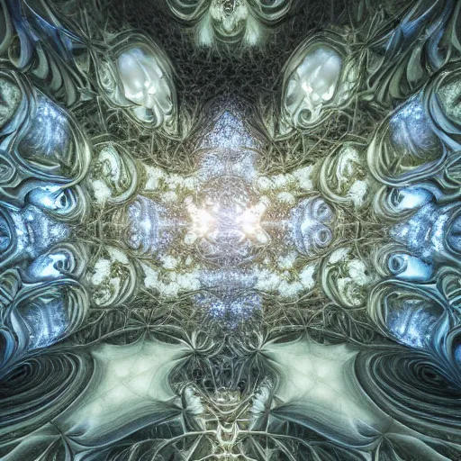 Image similar to a hyperrealistic 3 d render of a huge sprawling fractal cathedral interior populated by mandelbrot fractals by android jones, unreal engine, carved stone, carved soap, white color scheme, volumetric lighting, octane render, dramatic lighting, glowing, carved marble, opalescent, sacred geometry, religious, angelic, catholicpunk, stark, 8 k, ultra detailed