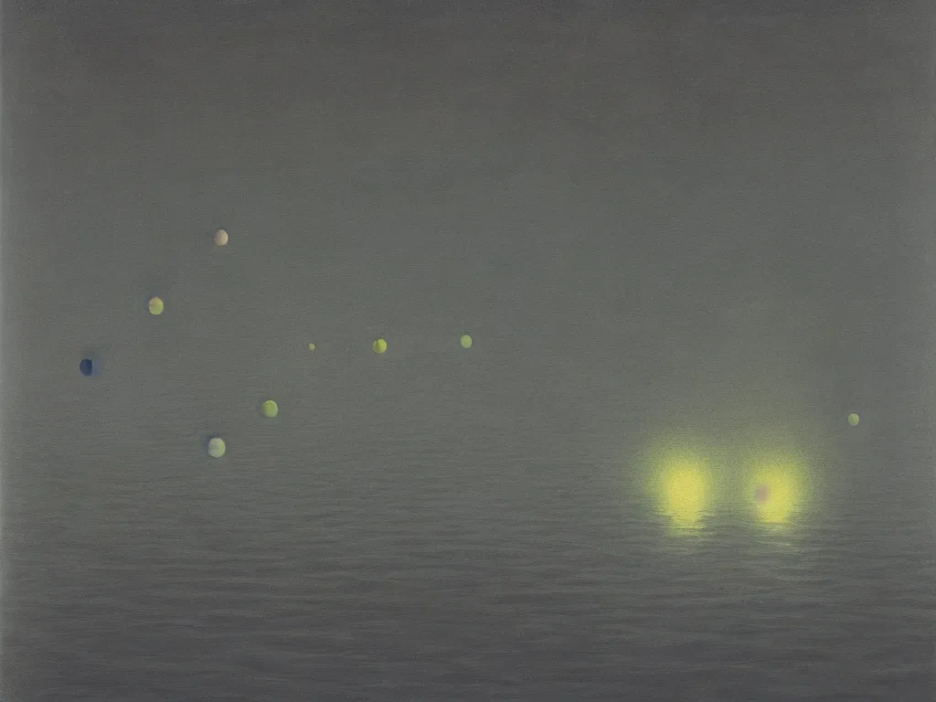 Prompt: bioluminescent spheres floating in row to infinity above the dark waters. painting by agnes pelton, max ernst, rene magritte, bosch.