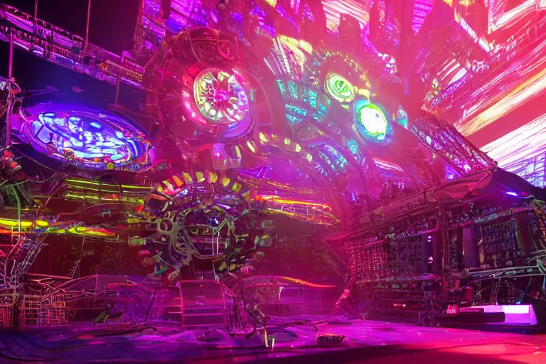 Image similar to an outdoor festival stage, text tripmachine, center of the stage is a big futuristic steampunk generator with gears and belts and tubes, surrounded by big cyberpunk speaker towers, rock musicians on the stage, laser show, 8 k, fluorescent colors, halluzinogenic, multicolored, exaggerated detailed, unreal engine