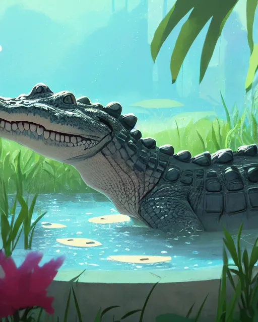 Image similar to a cute alligator taking a bath in a hot spring with lush vegetation around, cory loftis, james gilleard, atey ghailan, makoto shinkai, goro fujita, character art, rim light, exquisite lighting, clear focus, very coherent, plain background, soft painting