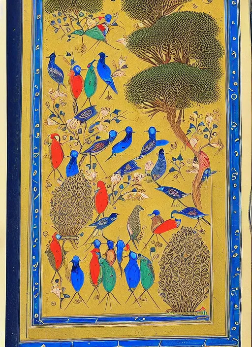 Image similar to the conference of the birds, persian miniature illustration of birds gathered around a hoopoe, highly detailed illustration, illustrated persian manuscript, metropolitan museum of modern art, habiballah of sava, intricate, elegant