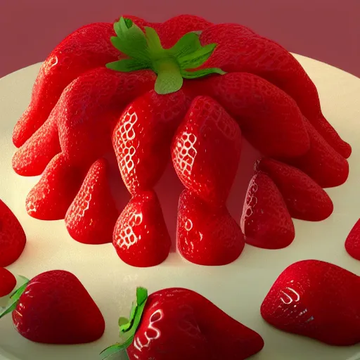 Image similar to A highly detailed digital art of a strawberry cake, volumetric lighting, 4k resolution, warm colors,