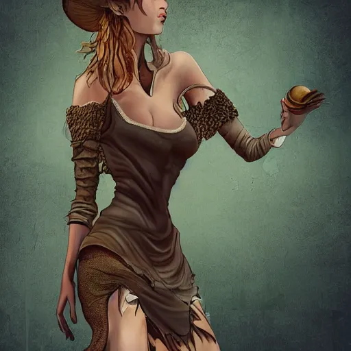 Image similar to detailed half body digital art for a game of a beautiful woman wearing ragged and ruined clothes merged with mushrooms. the background is dark. dramatic camera angle