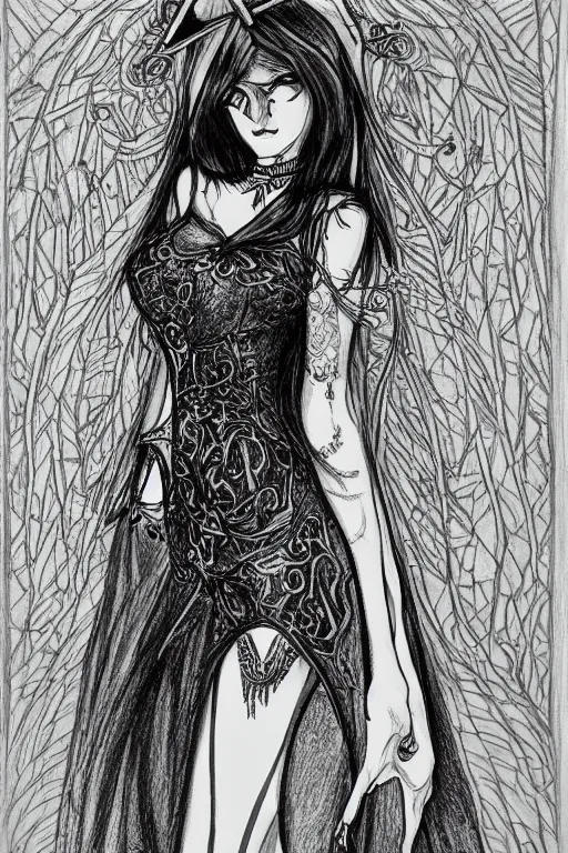 Prompt: pretty gothic sorceress wearing a tight dress with illustrious details, jewelry, ornated clothing, attractive, character concept, black and white drawing with a fine tip pen sketch