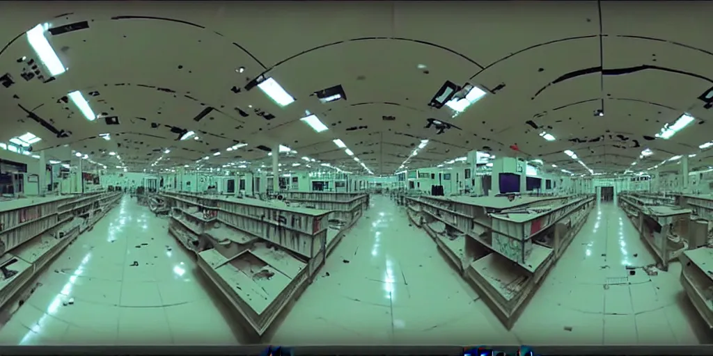 Prompt: abandoned human robot android factory in a mall, distorted 8 mm video still