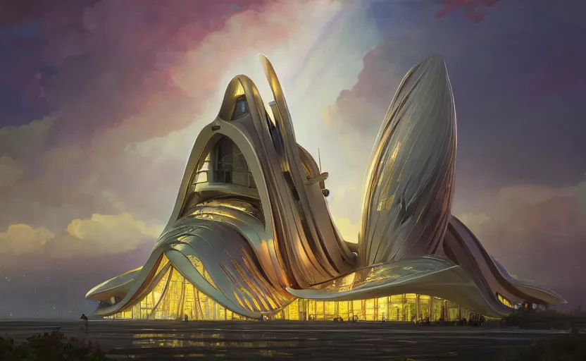 Image similar to exterior shot of utopian architecture building with cinematic lighting by zaha hadid and renzo piano, darek zabrocki and greg ruthkowski, alphonse mucha, simon stalenhag, cinematic, epic, holy place, paradise, scifi, futurism, atmospheric, sunset, concept art, artstation, trending on artstation