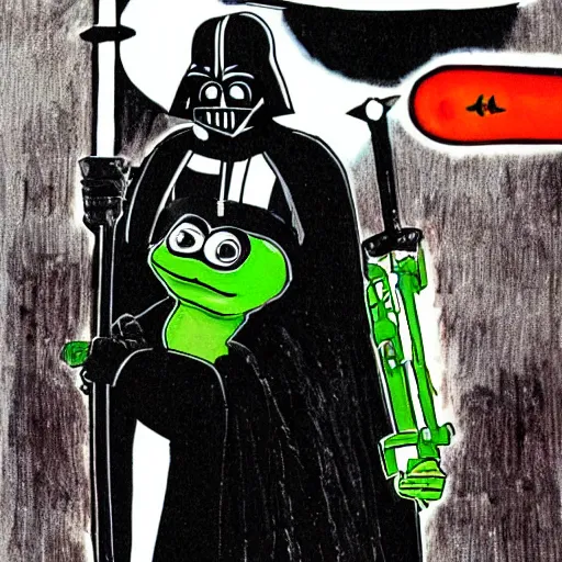 Prompt: pepe frog in darth vader suit holding a light saber standing inside the deathstar