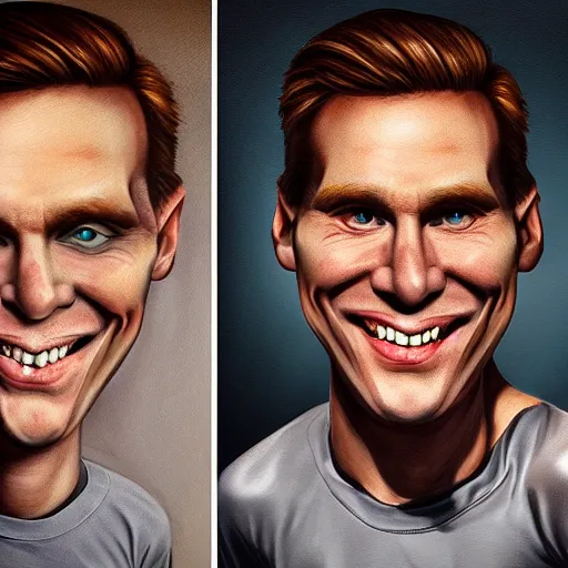 Image similar to Caricature portraits done of Jerma, realistic, hyperrealistic, very realistic, highly detailed, very detailed, extremely detailed, detailed, oil painting, digital art, trending on artstation