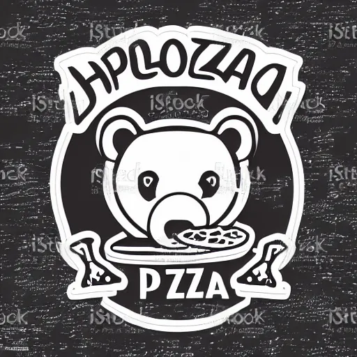 Prompt: holographic logo of a bear eating a pizza, etsy sticker, vector art,