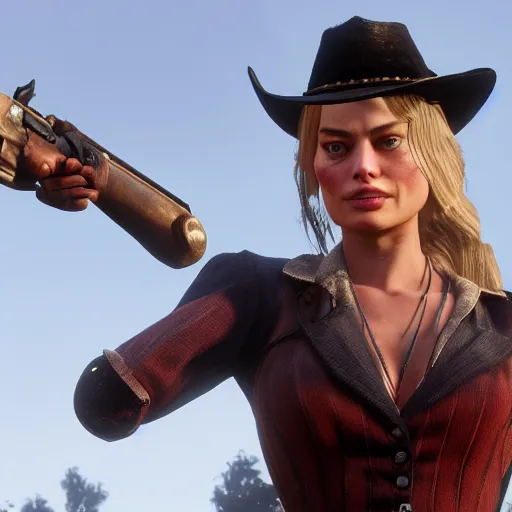 Image similar to margot robbie in red dead redemption 2, highly detailed