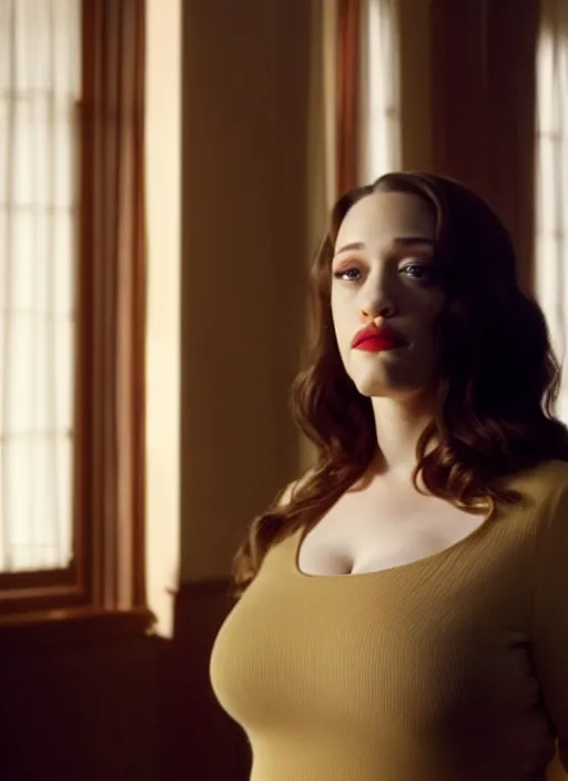 Image similar to Kat Dennings standing in the living room, film still from the movie directed by Denis Villeneuve with art direction by Salvador Dalí, wide lens, 4K, realistic