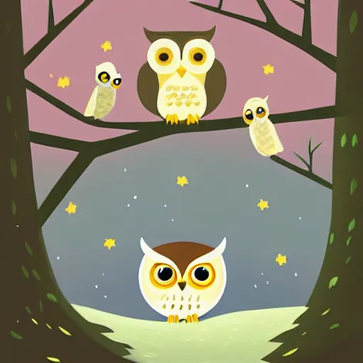 Image similar to a cute cartoon picture of an adorable owl of athena!! next to a a jar of fireflies! in the woods, a storybook illustration by arabella rankin and nyuju stumpy brown, behance contest winner, context art, storybook illustration, pop surrealism, nightscape, digital illustration