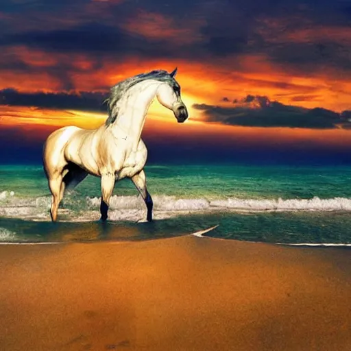 Image similar to epic glorious war horse on the beautiful beach during sunset, david lachapelle, old photo, vintage