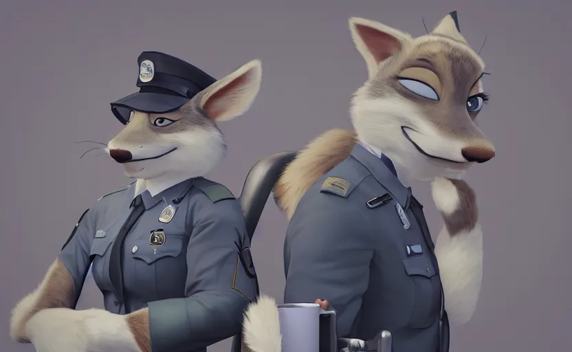 Image similar to a furry human - like dressed policewoman in the sleeping in the police car, artstation hq, stylized, symmetry, modeled lighting, expressive, studio photo refined, highly detailed, hyper realistic, furry, sense of awe, zootopia style