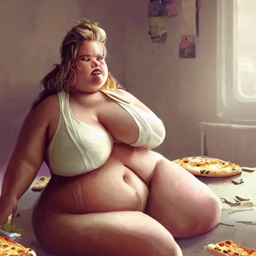 Prompt: a very fat margot robbie sitting in a messy room and burping because she ate too much pizza and junk food, fantasy art, illustration, amazing detail, in the style of greg rutkowski, artgerm, cgsociety