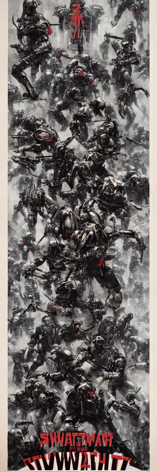 Image similar to Poster for the Movie Schwartzlicht,about Chinese Russian Zombie Troopers Designed By Yasushi Nirasawa battle Japanese America Cyborgs Designed by Syd Mead and Giger, 1970s style, very detailed, text says: Schwarzlicht