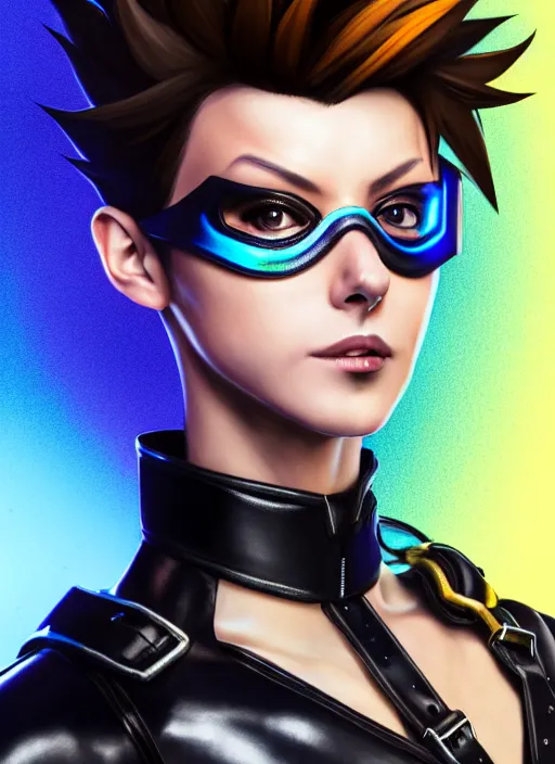 Image similar to hyperrealistic style portrait of tracer overwatch, confident pose, wearing black iridescent rainbow latex, 4 k, expressive happy smug expression, makeup, in style of mark arian, wearing detailed black leather collar, wearing sleek armor, black leather harness, expressive detailed face and eyes,