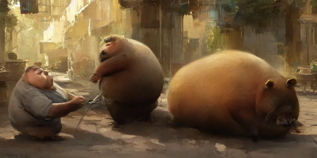 Prompt: A fat Chinese man preparing a capybara for lunch, artwork by Craig Mullins,Movie poster, detailed, trending on artstation