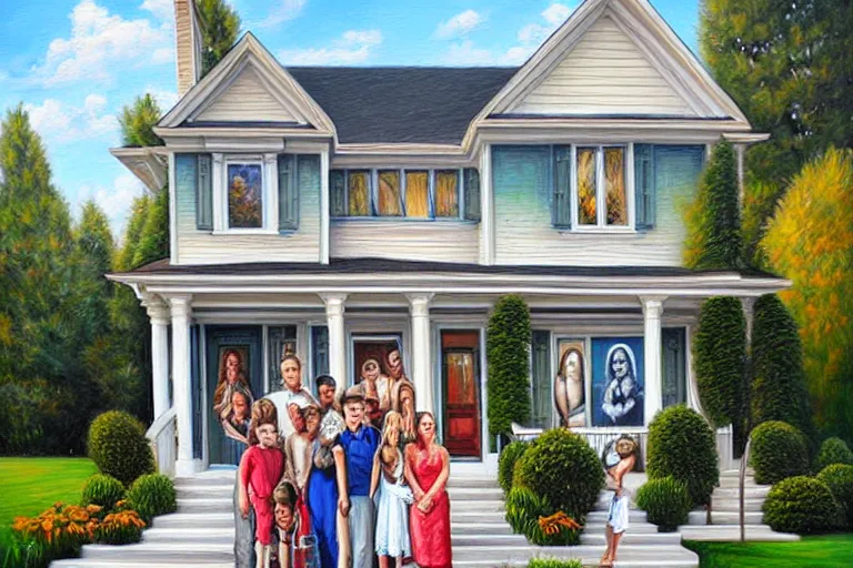 Image similar to painting of a famaly photo in front of the house, fine details, magali villeneuve, artgerm, rutkowski