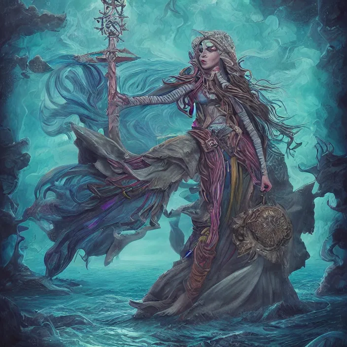Prompt: sea witch casting a spell, d & d style, trending on artstation, intricate, highly detailed, vivid painting, colorful, art by alexandr leskinen