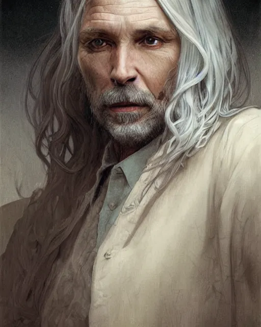 Image similar to portrait of 4 0 - year - old man with long white hair with a pale complexion, pointed face and grey eyes, hyper realistic face, beautiful eyes, fantasy art, in the style of greg rutkowski, intricate, alphonse mucha, hyper detailed, smooth