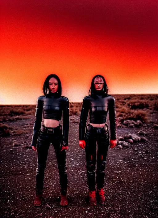 Image similar to cinestill 5 0 d photographic portrait of two loving female androids wearing rugged black techwear on a desolate plain with a red sky, extreme closeup, lizard on ground, cyberpunk style, in front of a brutalist dark metal facility, dust storm, 8 k, hd, high resolution, 3 5 mm, f / 3 2, ultra realistic faces