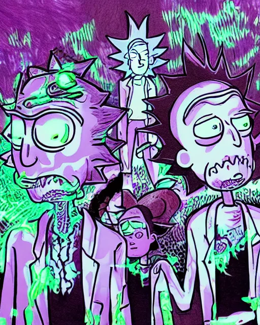 Prompt: dramatic line - art portrait of rick and morty, color glow, intense shading