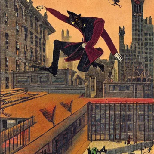 Prompt: spring-heeled jack, aristocrat devil jumping over the roofs of victorian london, by max ernst