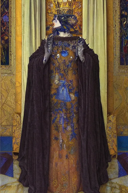 Prompt: portrait of the corvid queen by Donato Giancola and John Bauer and Vermeer, embroidered velvet, iridescent beetles, rich color, ornate headdress, flowing robes, sacred artifacts, lost civilizations,featured on Artstation, cgisociety, unreal engine, extremely detailed