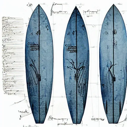 Image similar to blueprint sketch of a beautiful surfboard painted by leonardo da vinci, technical sketch, high detail, charocal drawing, firewire gofish, pukas surfboards, channel island surfboards