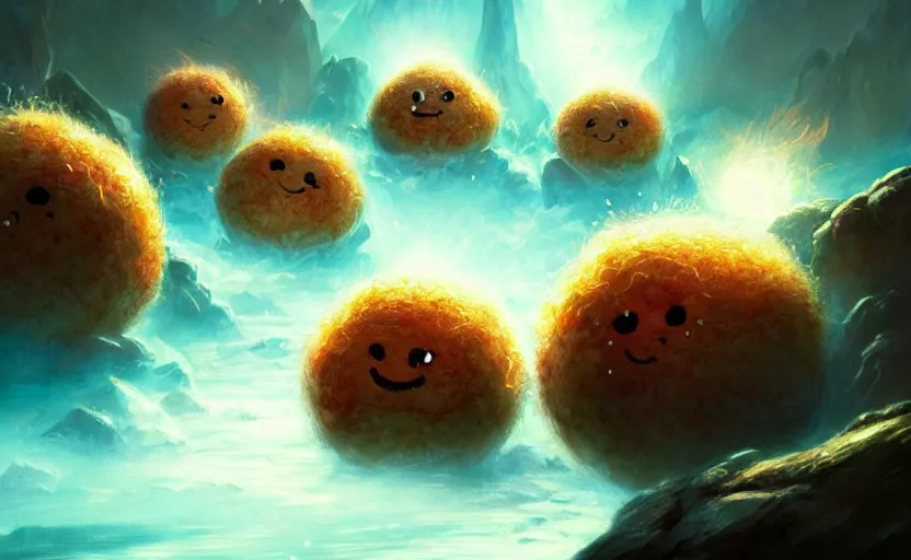 Image similar to magic : the gathering fantasy concept art of cute riceballs with excited faces bouncing down a mountain path, by marco bucci, high resolution, rice granules scattered all around, balls of rice, bouncing, fantasy coloring, intricate, digital painting, artstation, smooth, sharp focus