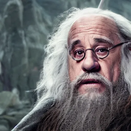 Prompt: film still of danny devito starring as gandalf the white in the 2 0 2 4 lord of the rings movie smoking, full body, hyper realistic, high quality, wide angle