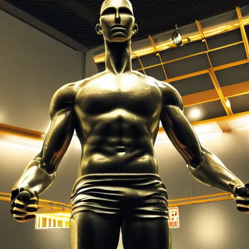 Image similar to a realistic detailed photo of a guy who is an attractive humanoid who is half robot and half humanoid, who is a male android, attractive and handsome soccer players, shiny skin, posing like a statue, blank stare, in a factory, on display, showing off his muscles, gold soccer shorts, side view, looking at each other mindlessly