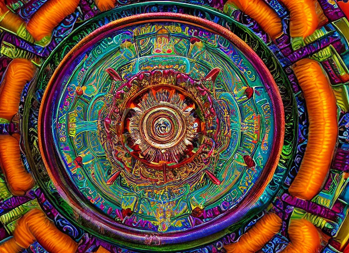 Image similar to hyperrealism, detailed textures, photorealistic 3 d render, a coloured beautiful tibetan kalachakra mandala, sanskrit aum, ultra realistic, ultra high pixel detail, cinematic, intricate, cinematic light, concept art, illustration, art station, unreal engine 8 k