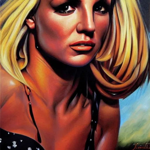 Image similar to detailed portrait of britney spears intricate, hyper detailed, realistic, oil painting, by julie bell, frank frazetta, cinematic lighting