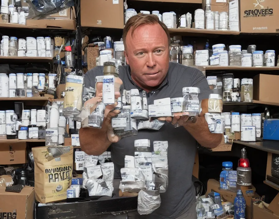 Prompt: Alex Jones inventing new conspiracy theories in his garage office, surrounded by boxes of herbal supplements and trash, sweaty skin, detailed photograph high quality