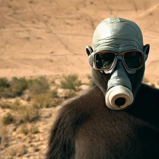 Image similar to A realistic photo of Walter White wearing a gorilla suit with a gas mask, cinematic lighting, New Mexico desert