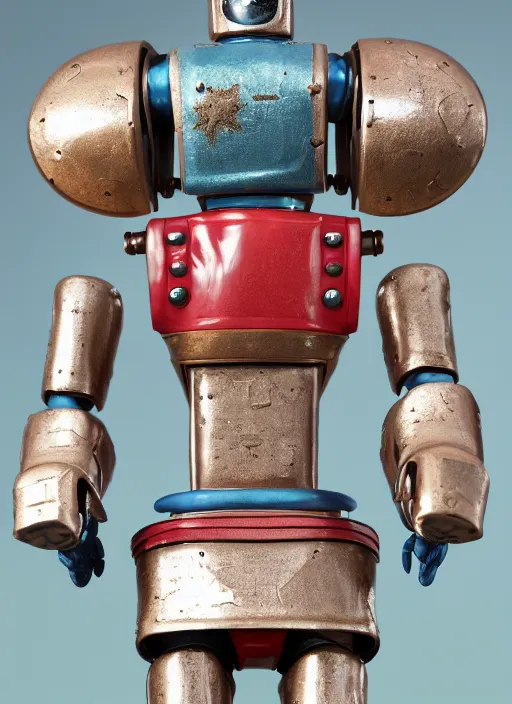 Image similar to closeup portrait of a retro tin toy robot, depth of field, zeiss lens, detailed, symmetrical, centered, fashion photoshoot, by nicoletta ceccoli, mark ryden, lostfish, earl nore, hyung tae, frank frazetta, breathtaking, 8 k resolution, extremely detailed, beautiful, establishing shot, artistic, hyperrealistic, octane render