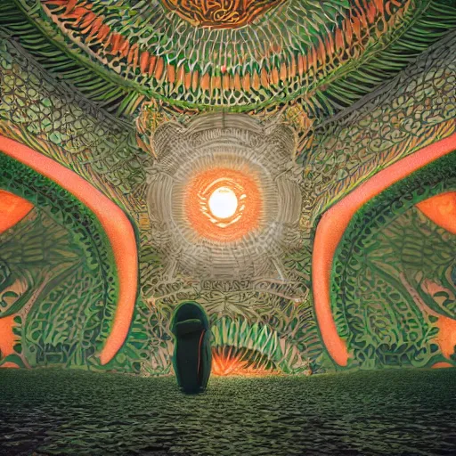 Prompt: Fortuneteller, clean background, Bright green dark orange intense black, Roger Dean, Joe Fenton, John Jude Palencar, Fred Tomaselli, Leng Jun, Baraka, DLSR, octane render, 8k, cinematic lighting, symmetry