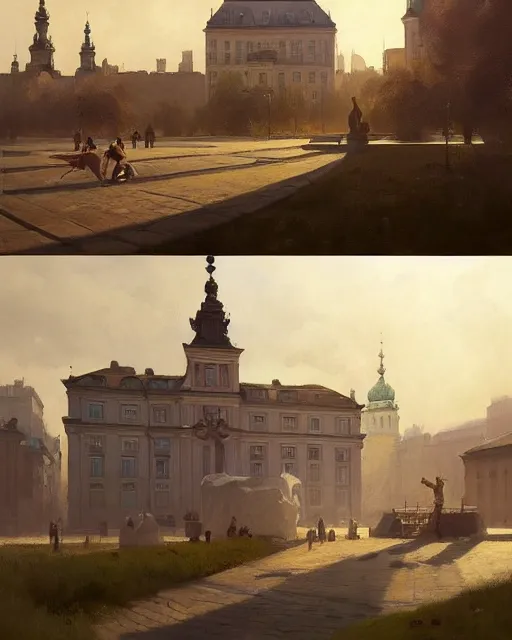 Image similar to the city of warsaw, poland. fantasy art by greg rutkowski, gustave courbet, rosa bonheur, edward hopper. faithfully depicted architecture, realistic, sharp focus, global illumination, radiant light, detailed and intricate environment, trending on artstation