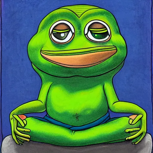 Image similar to a portrait of pepe the frog meditating and reaching nirvana, by matt furie