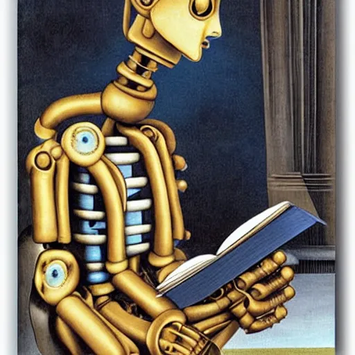 Prompt: a robot reading a book by salvador dali