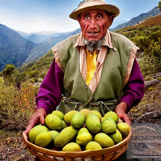 Prompt: old spanish man selling avocados in the mountains wearing traditional garb, high detail, fstop 4 2 0 0 speed, photography, david lachapelle