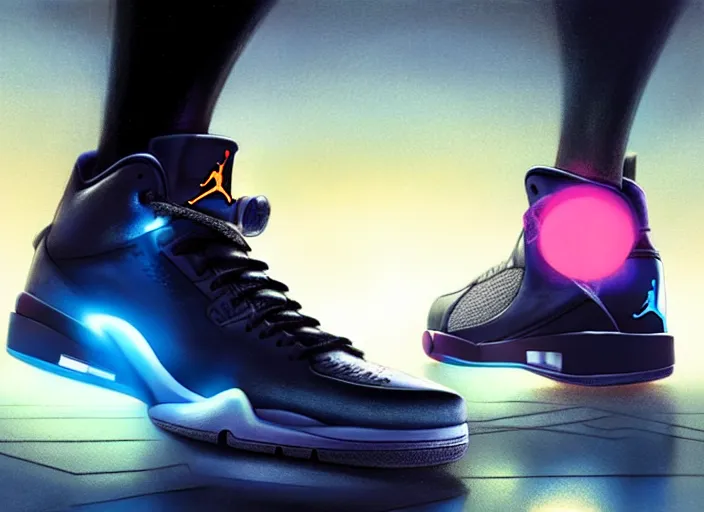 Image similar to air jordan basketball sneaker from the year 2 2 0 2, glowing shoelaces, future techwear, cinematic digital painting, artstation, dramatic product shot, smooth, sharp focus, fantasy art by greg rutkowski, loish, rhads, ferdinand knab, makoto shinkai, ilya kuvshinov, rossdraws