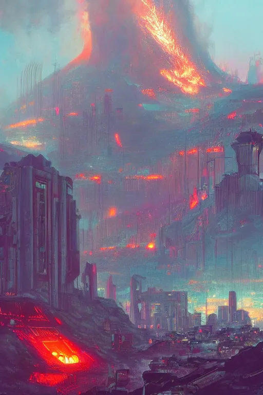 Image similar to a cyberpunk city in the crater of a volcano, lava flowing, smoke, fire, neon, industrial, by paul lehr, jesper ejsing