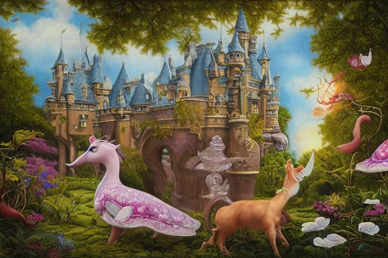 Image similar to princess, prince, magical castle, highly detailed painting, magical realism, lowbrow, kevin sloan, michael parks