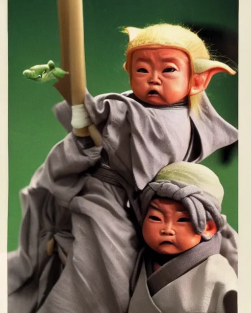 Image similar to Donald Trump as Ronin Ogami Ittō in Lone Wolf and Cub and Baby Yoda as Daigorō, photorealistic, Cinematic, Japanese