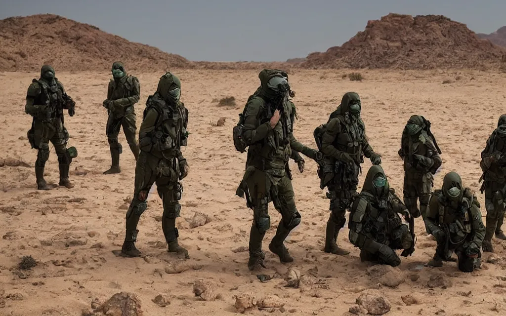 Image similar to a group of five people in dark green tactical gear like death stranding and masks on a rescue mission like the film stargate walk through a sandy desert with distant red mesas ahead of them. They've found a dead body. dusty, mid day, heat shimmering.