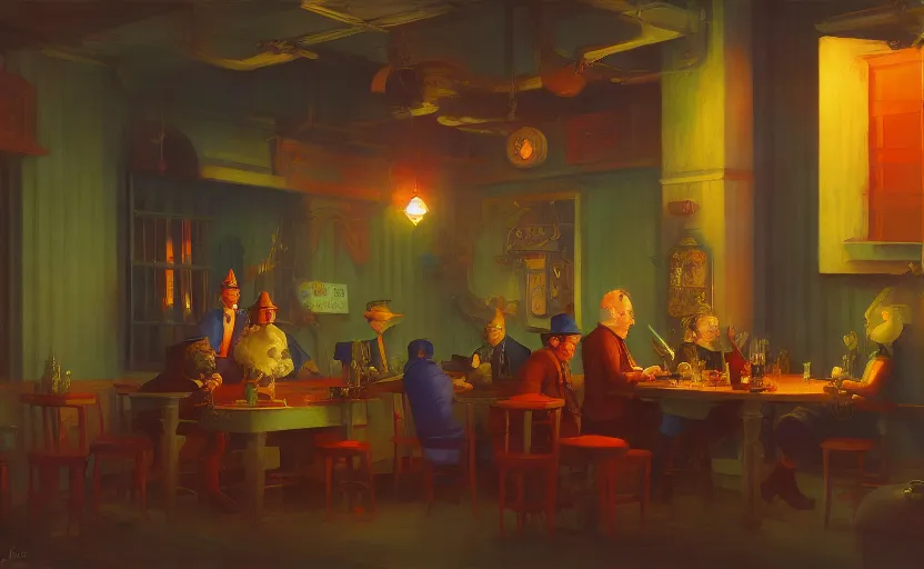 Image similar to A cheerful gnomish steampunk tavern, very coherent, painted by Edward Hopper, Wayne Barlowe, painted by James Gilleard, airbrush, art by JamesJean