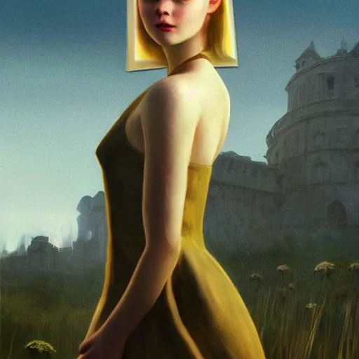 Prompt: Elle Fanning, head and shoulders masterpiece, in the painted world of Dark Souls, golden hour, in a garden, artstation, in the style of Art Deco and Edward Hopper and Bosch, extremely detailed